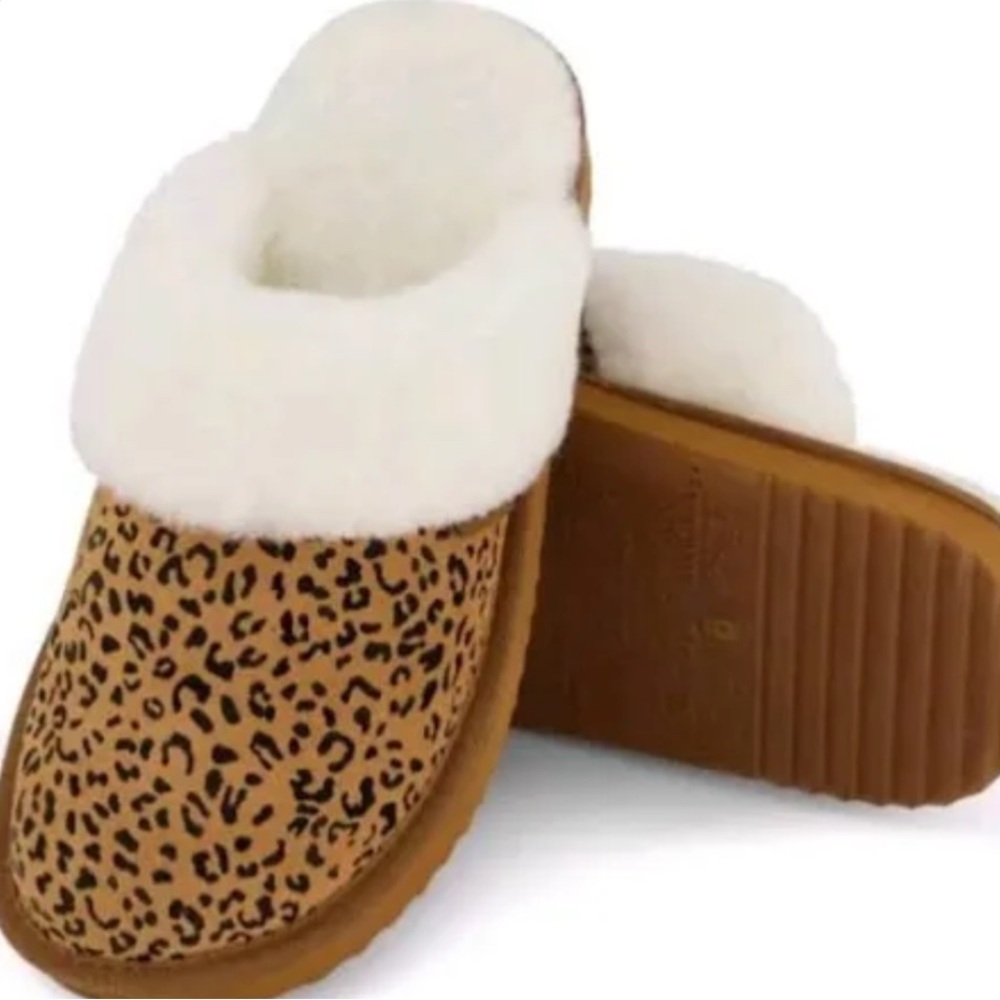 Leopard Print Kids Slippers with White Fur Lining